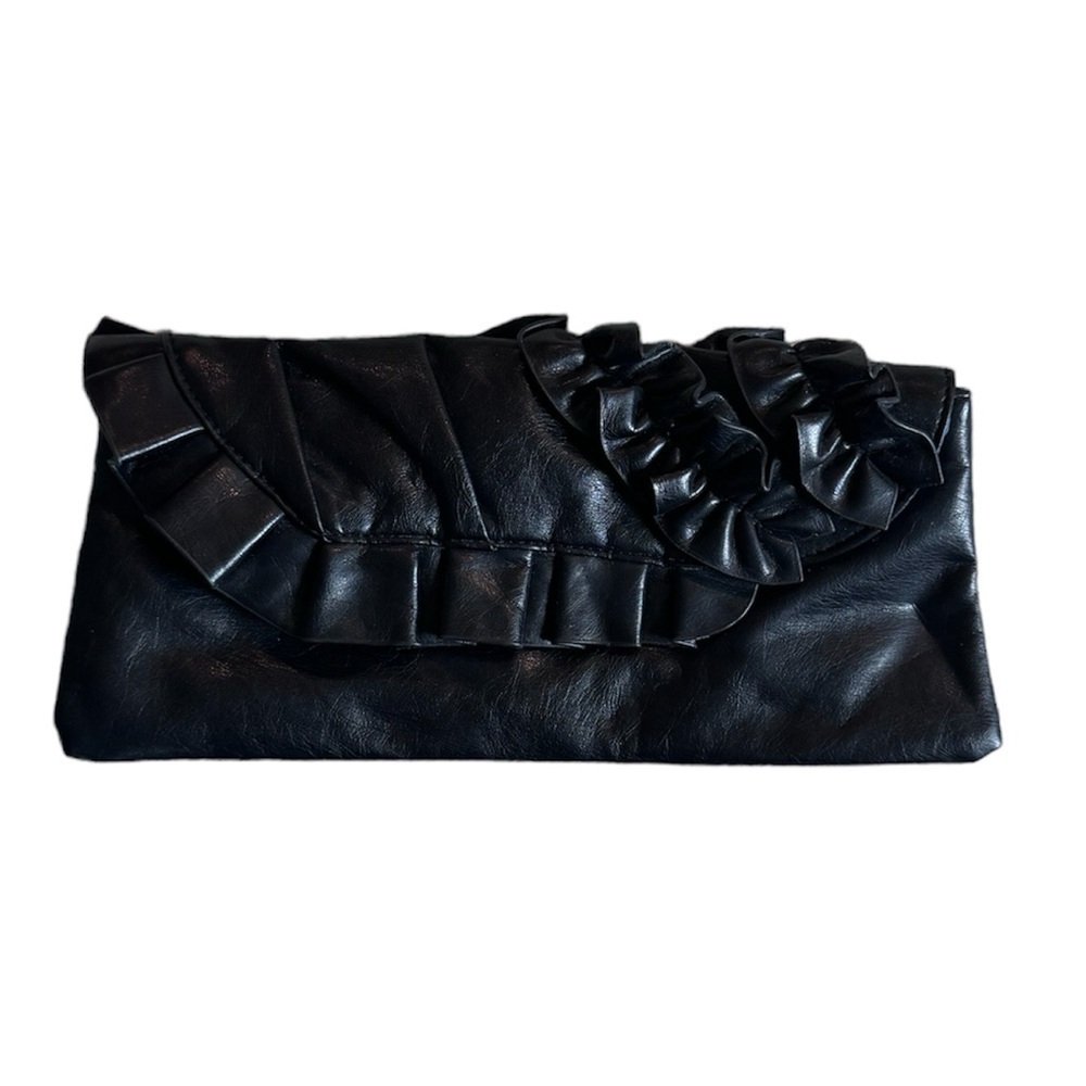 Black Faux Leather Clutch Ruffle – Evening Bag / Date Night Purse Handbag